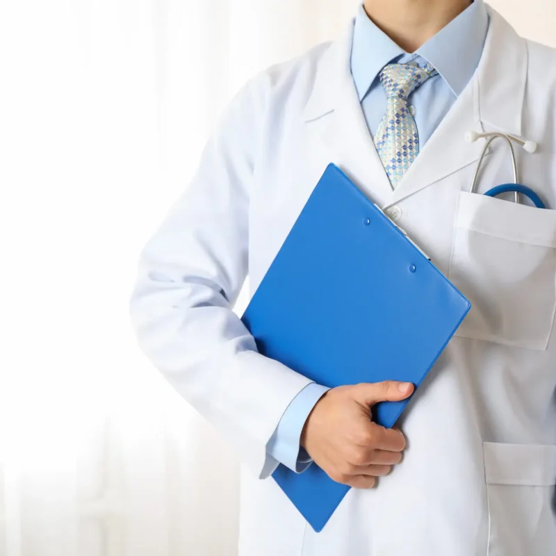 Doctor with blue stethoscope and tablet, space for text